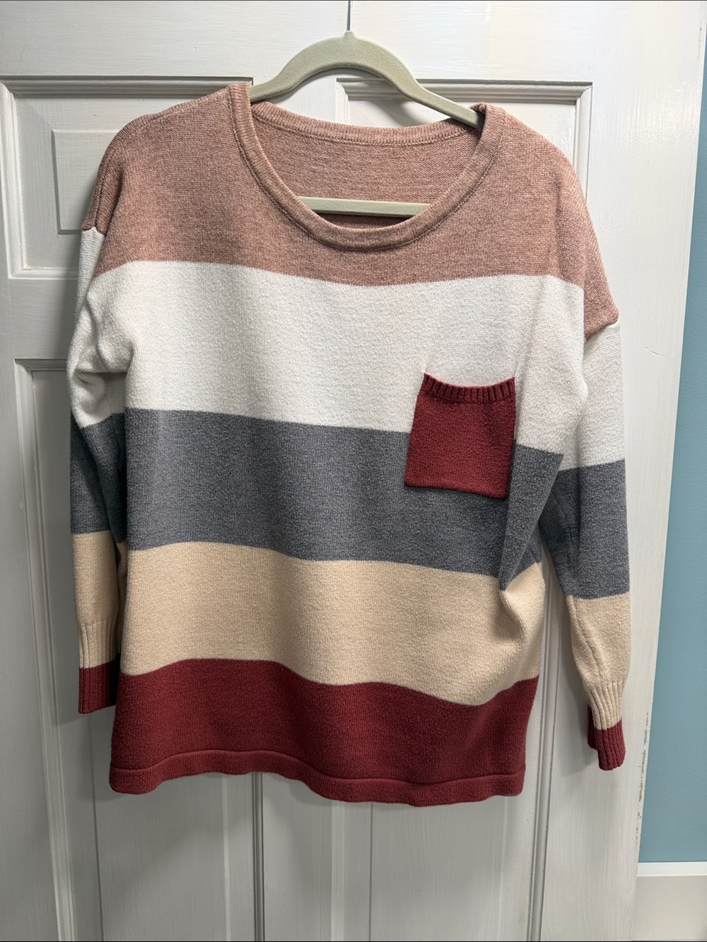 Striped Crewneck Sweater with Pocket - Multi Pink